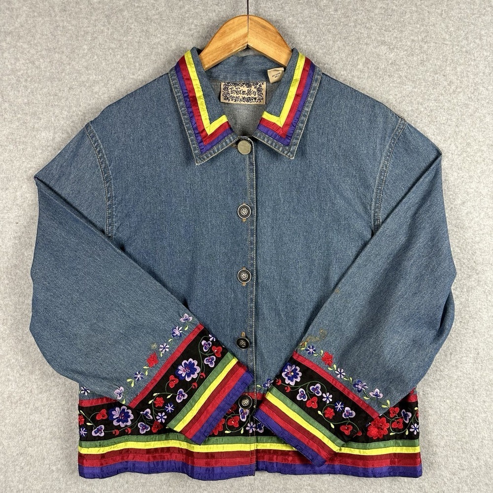 Tantrums Womens Denim Jacket M Floral Embroidered Beaded 100%‎ Cotton Buttons